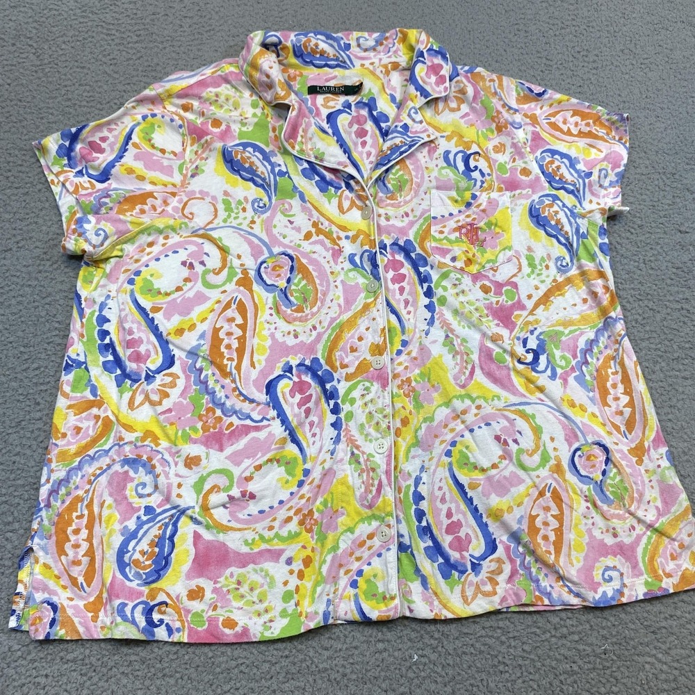 Lauren Ralph Lauren Pajama Shirt Women 1X Paisley Button Short Sleeve Top Blouse